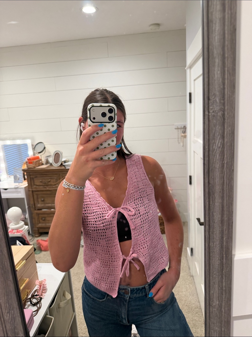 Pink Crocheted Tie-Front Vest